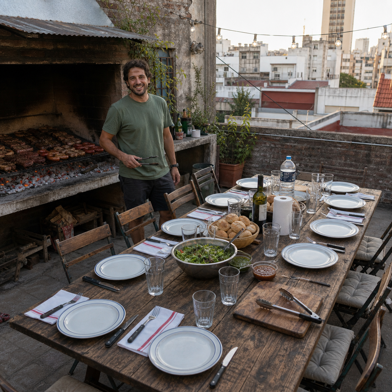 Anfitriones compartiendo un asado en su patio