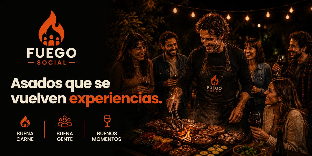 Mesa larga al aire libre con fuego y comida compartida