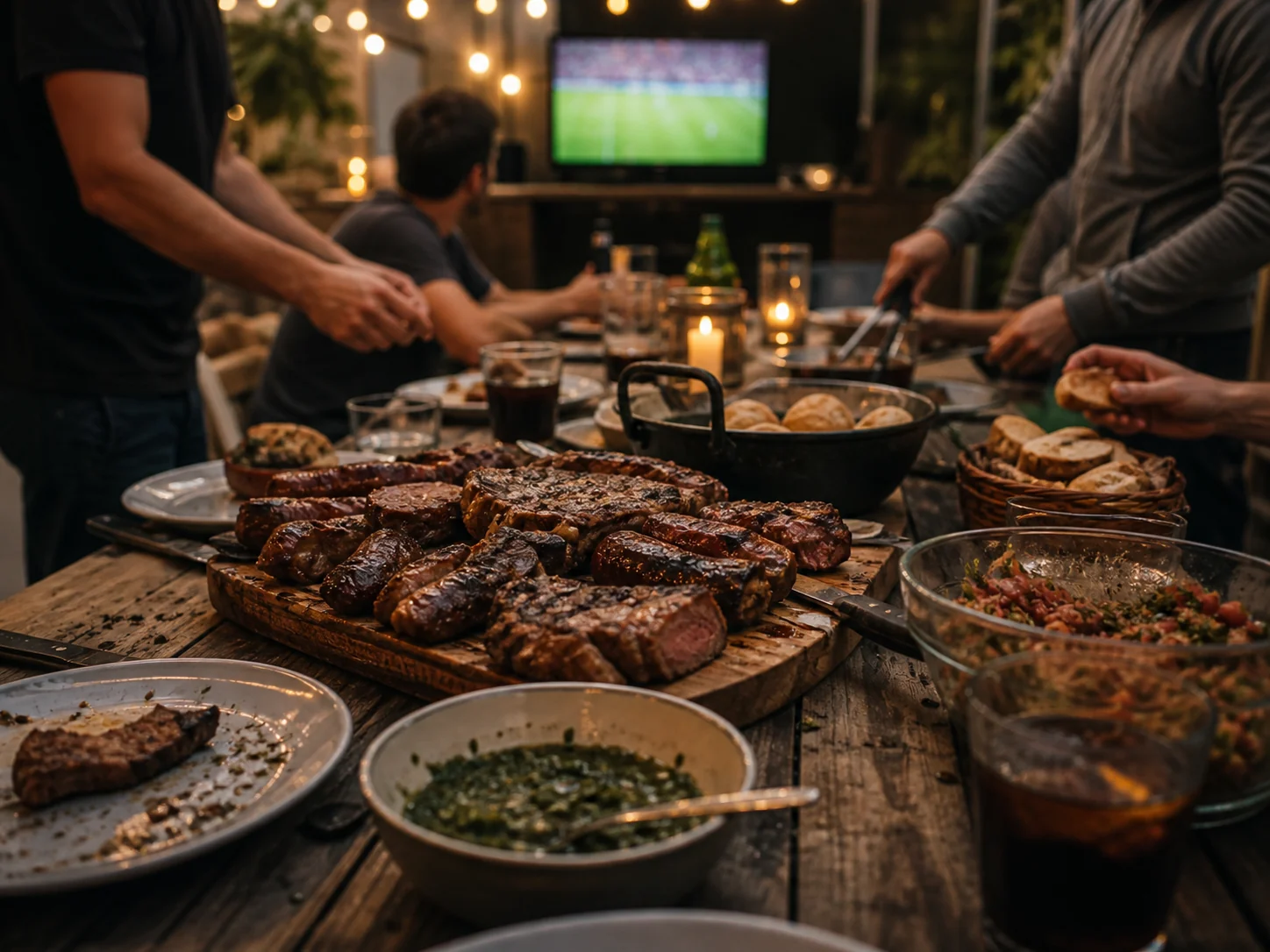 Mesa preparada para ver un partido y compartir asado